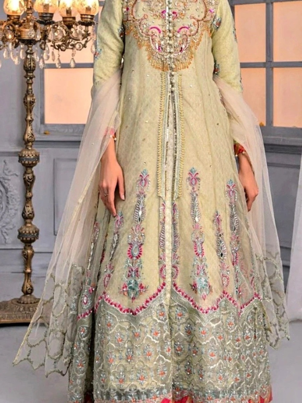 Embroidered Green & Pink Gown